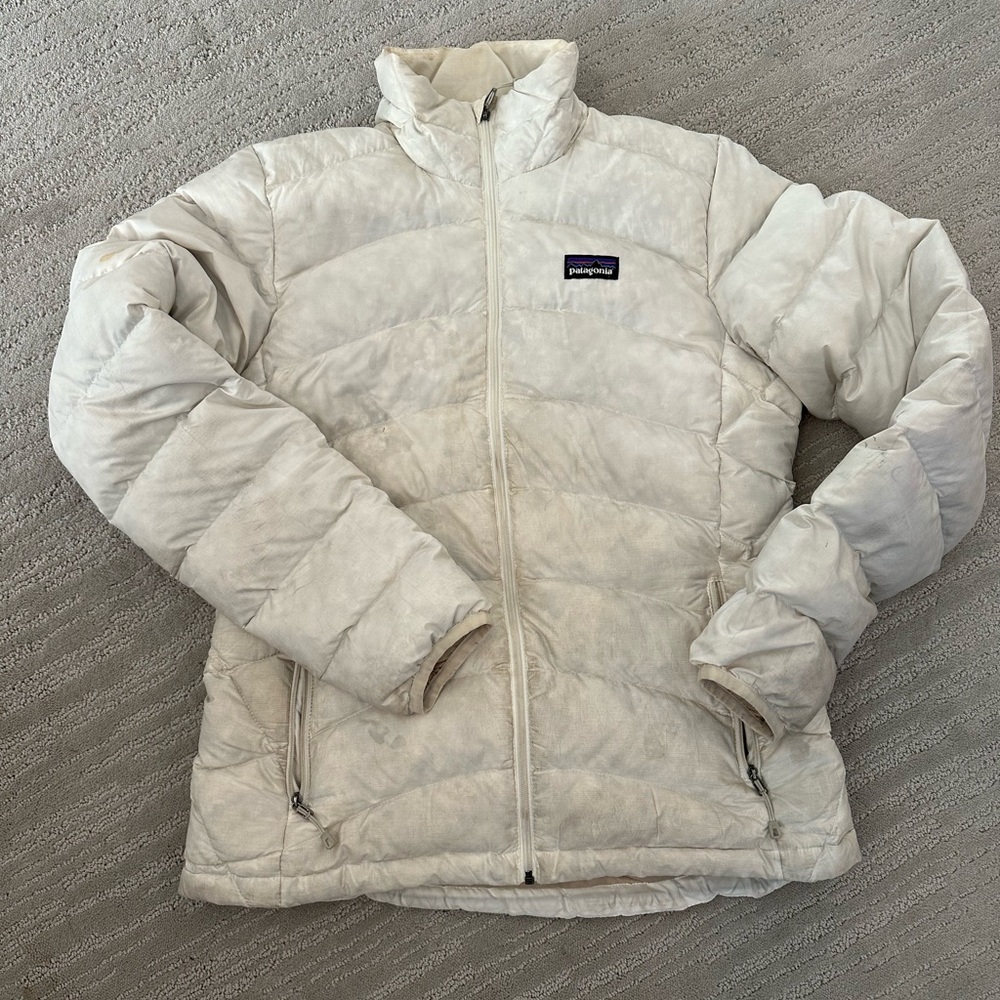 Women’s white Patagonia down jacket size small, well-loved in used condition